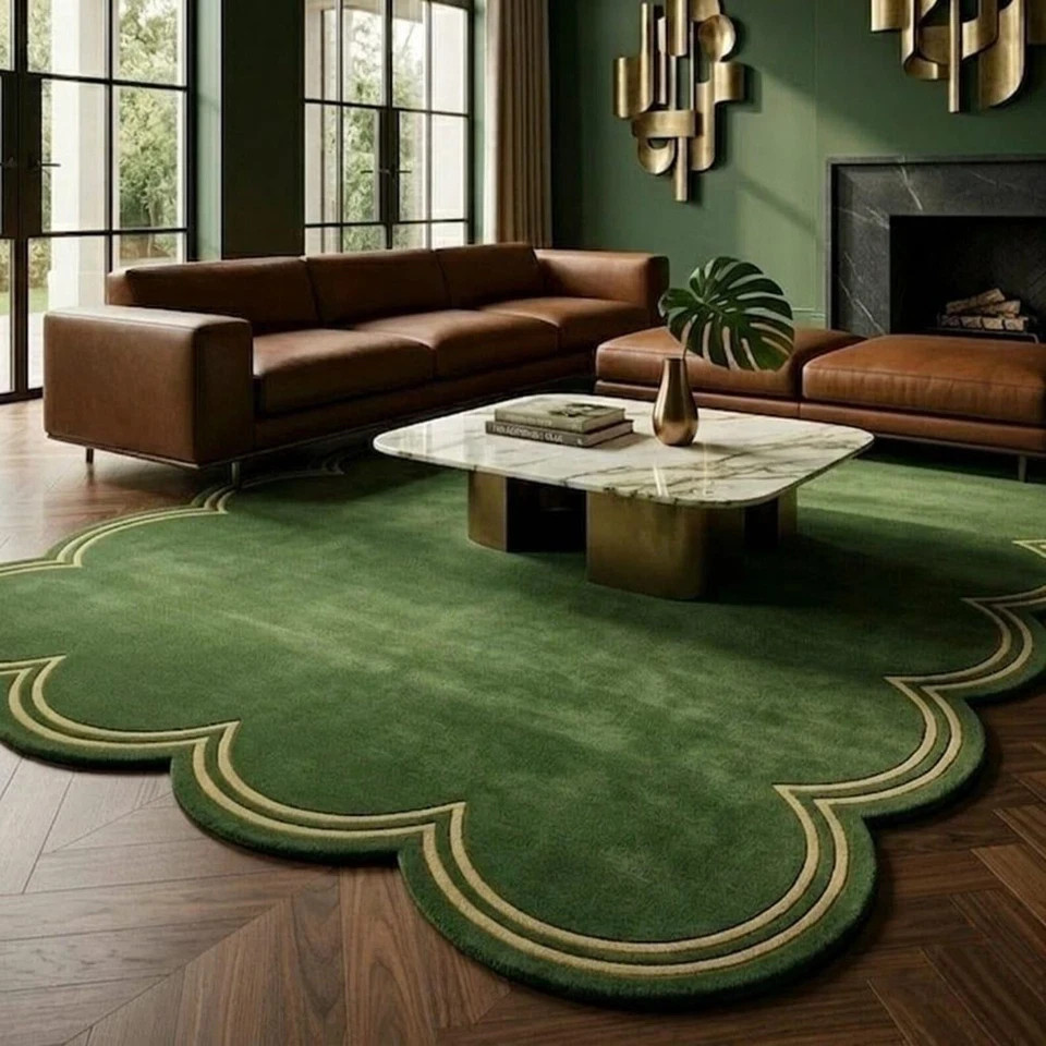 Luxury Hand Tufted Green Wool Rug Scalloped Edge Border Modern Square Area Carpe