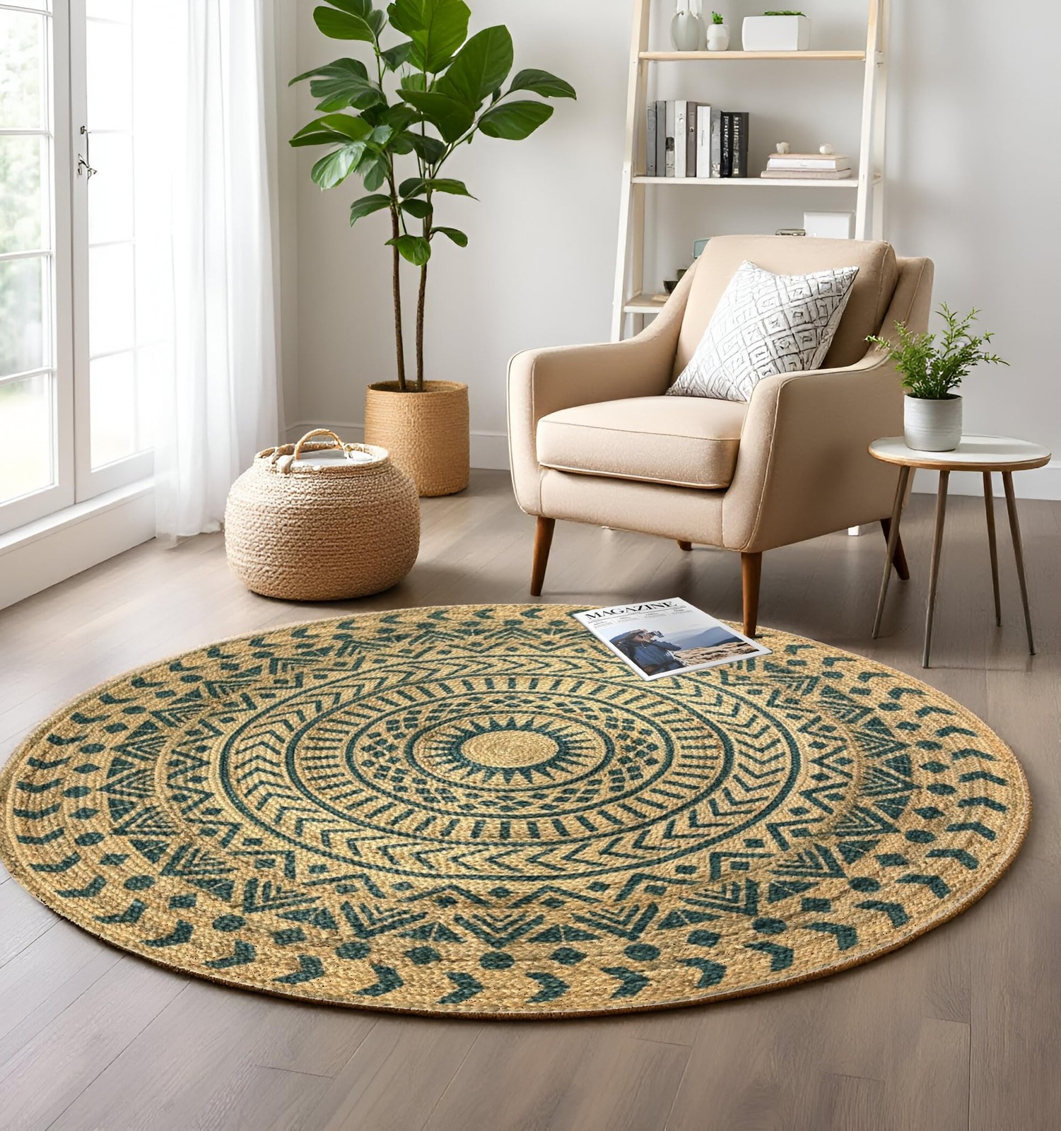 Round Jute Area Rugs, Multiple Sizes and Colors, 100% Jute Fiber (Turquoise G…