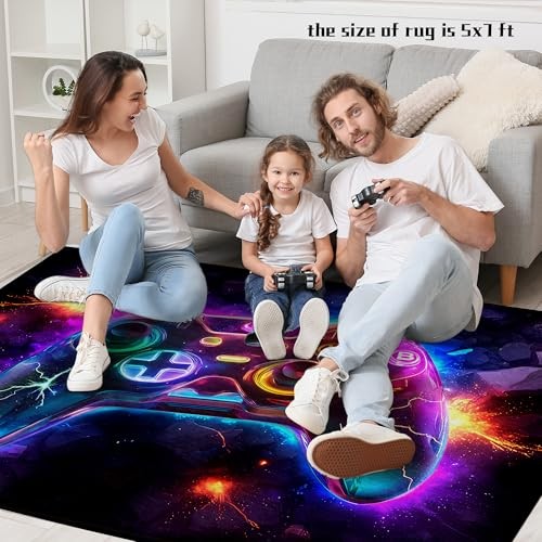 5×7 ft Neon Gaming Area Rug for Boys – Colorful Game Controller Carpet