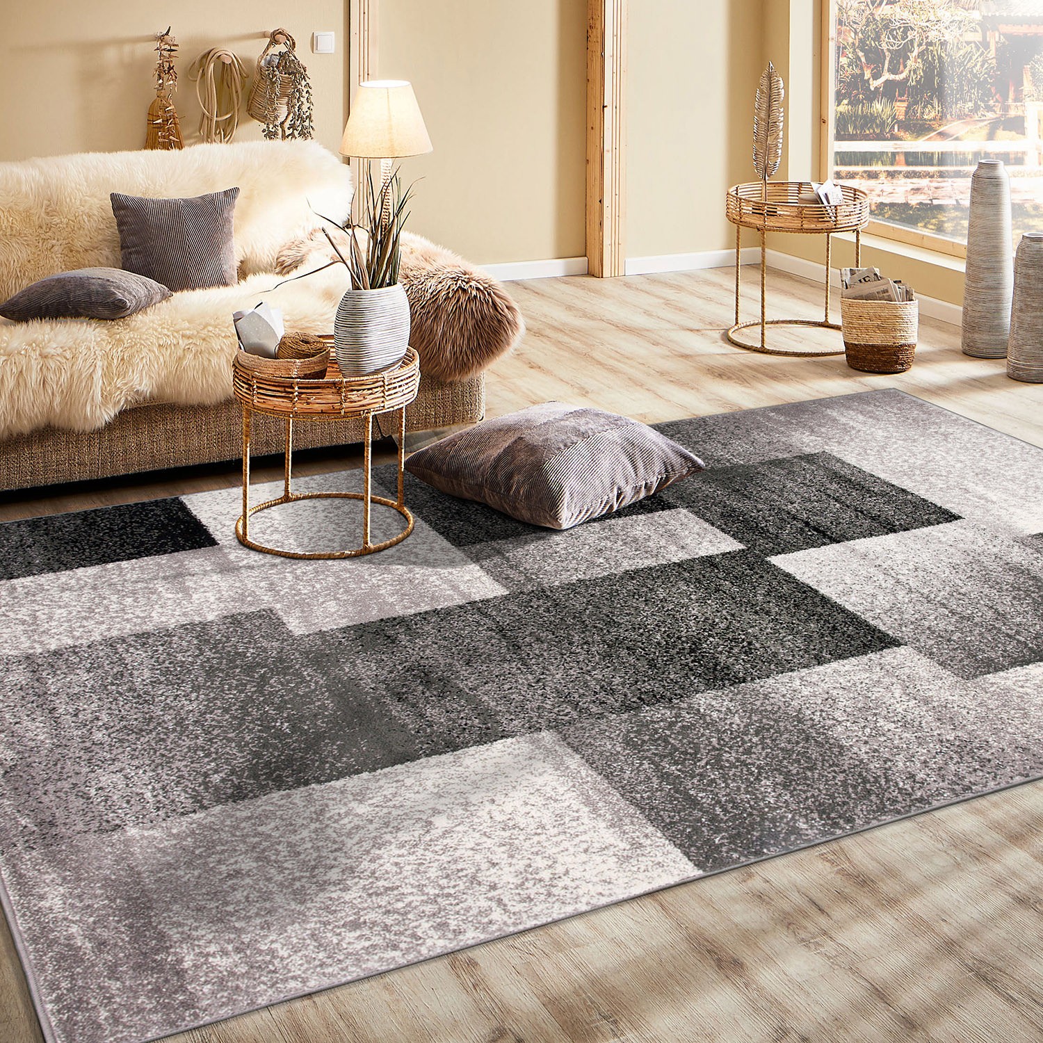 Rugshop Gray Rugs Contemporary Modern Geometric Boxes Rugs for Dining Room 5×7