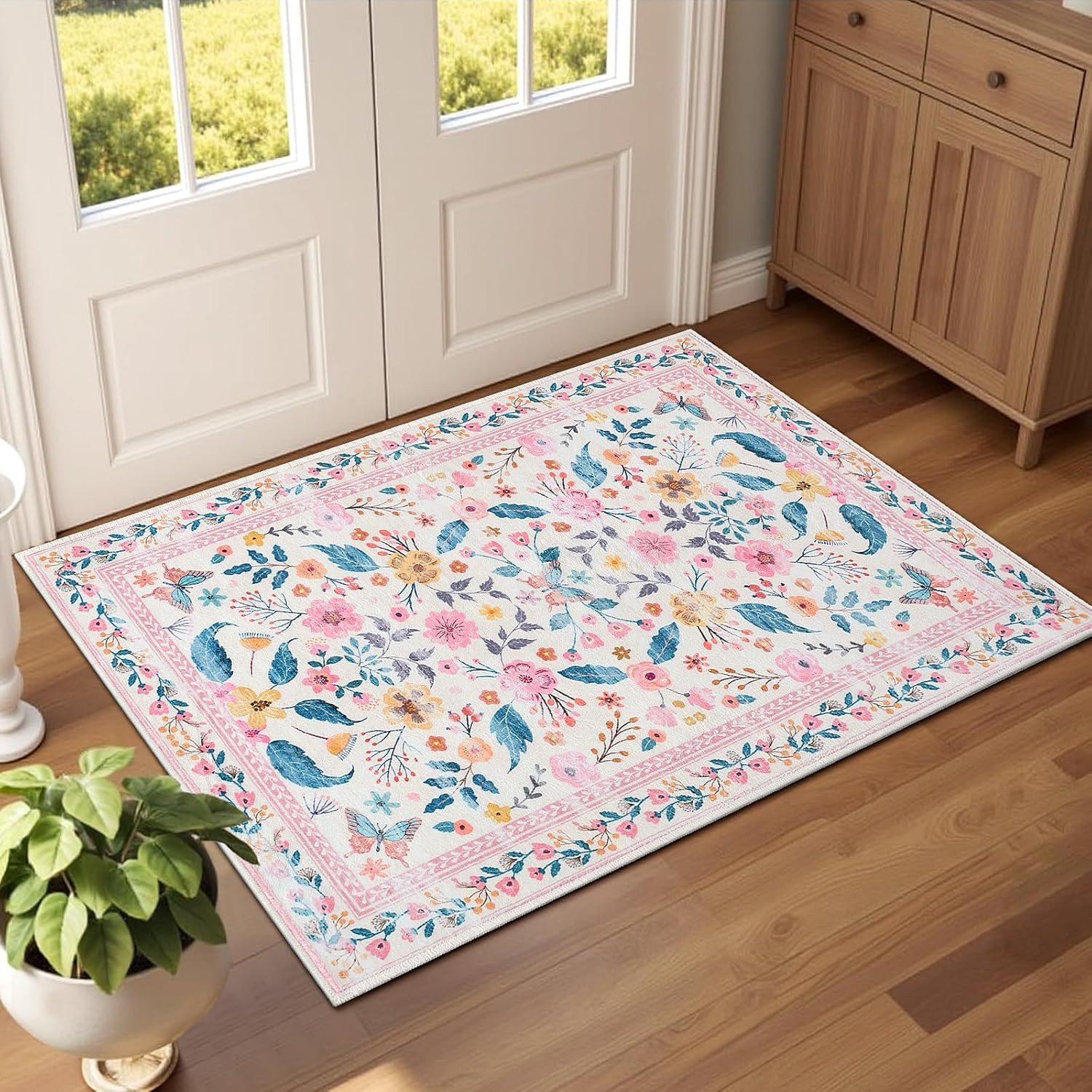 2X3 Pink Floral Area Rug for Entryway,Boho Machine Washable Throw Rugs