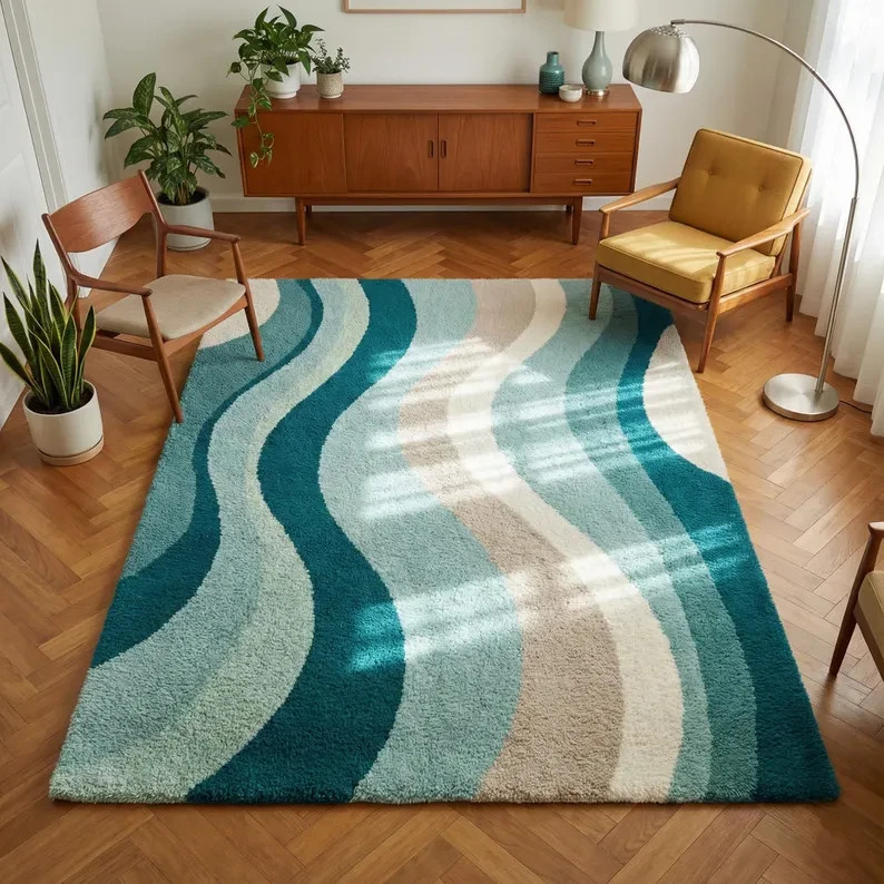 Modern Abstract Wave Area Rug, Teal Blue Shaggy Rug, Soft Plush Living Room rug