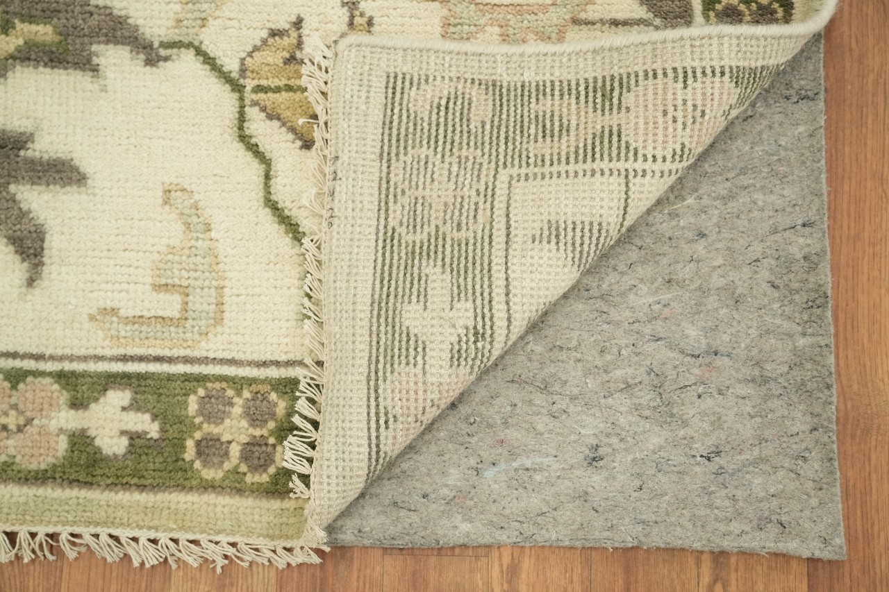 Beige and Olive Oushak 12×15 Floral Patterned Wool Rug in Sage Green & Ivory