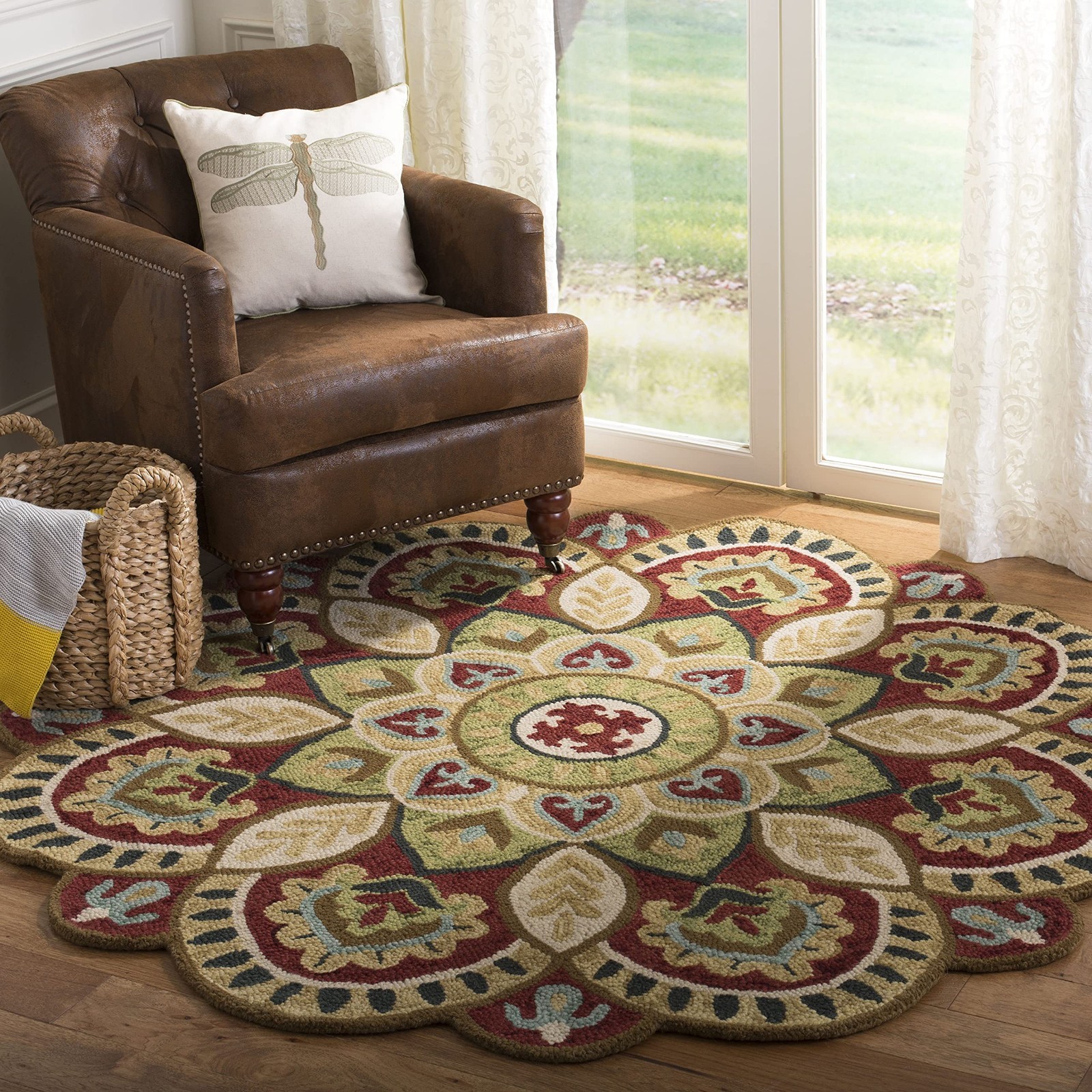 Handmade Boho Floral Area Rug – 6′ Round, Red & Taupe, Rustic Wool, High Traffic