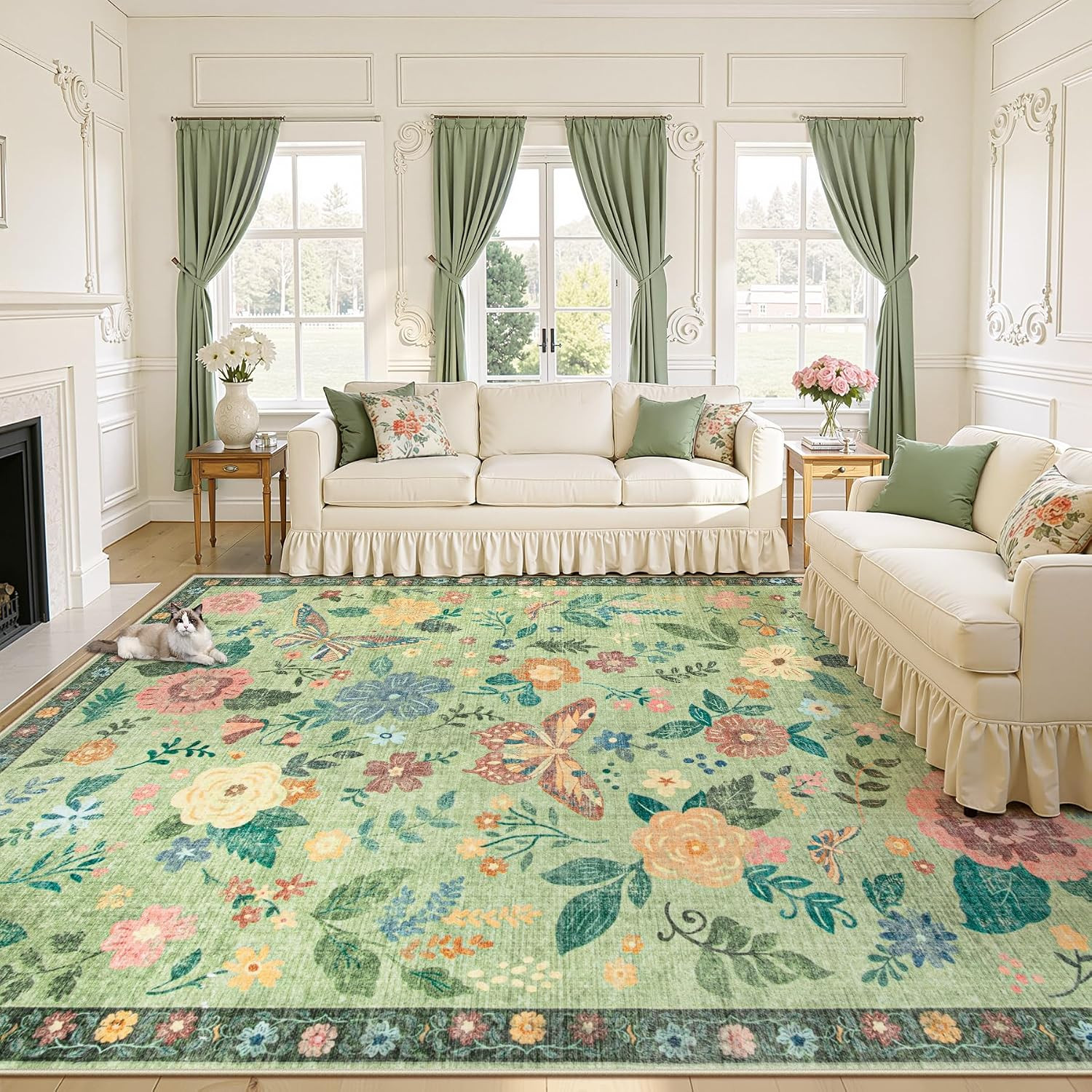 9X12 Area Rugs for Living Room: Washable Rugs Vintage Boho Floral Rug Non-Slip S
