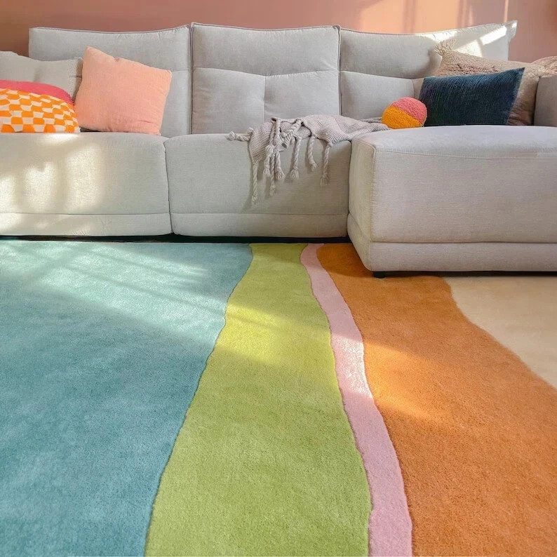 Stitched and Striped Hand Tufted Wool Rug, Colorful Blue Peach Green Orange Mode