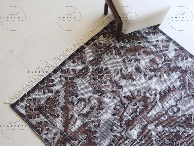 Hand-Knotted Wool Rug | Grey & Deep Brown Vintage Floral Medallion Design