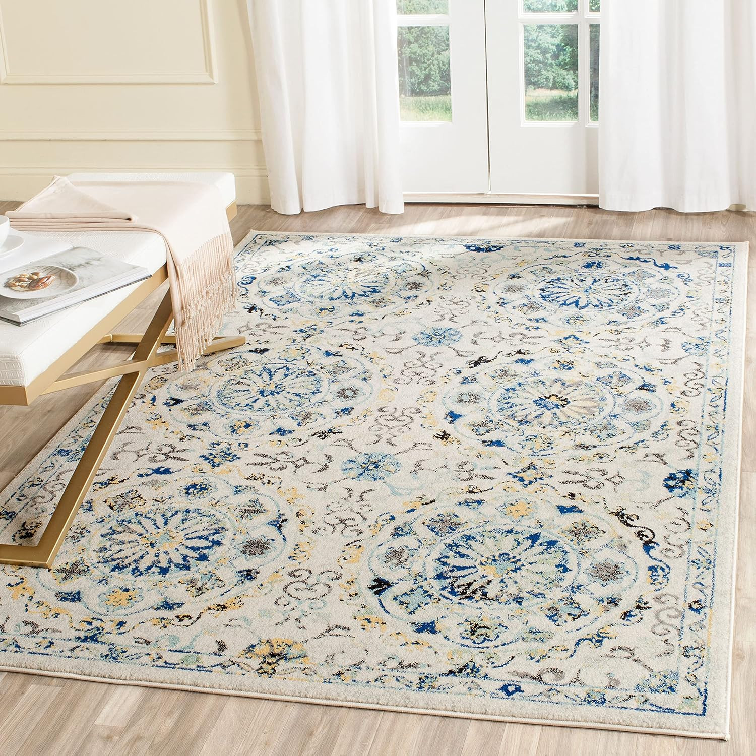 Evoke Area Rug 5’3″ x 7’6″ – Ivory & Blue Boho Design, Easy Care