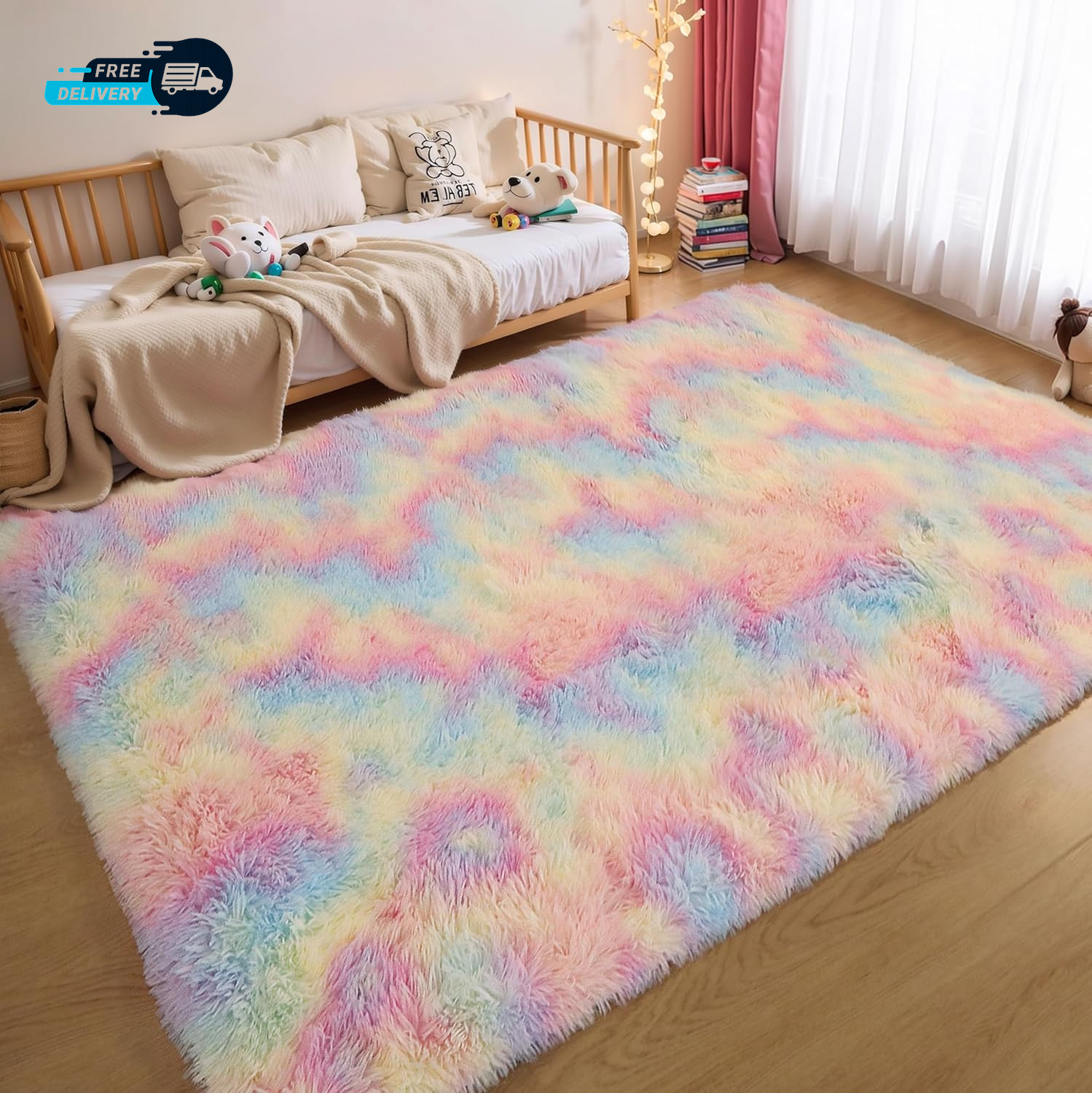 Washable 4X6 Rainbow Fluffy Shaggy Area Rugs Kawaii Princess Soft Plush Carpet