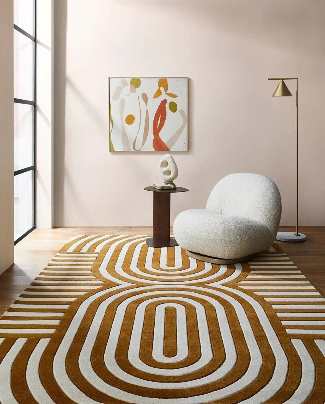 Rounded Stripes Brown & Cream-White, Hand-Tufted 100% Wool Soft Area Rug Carpet
