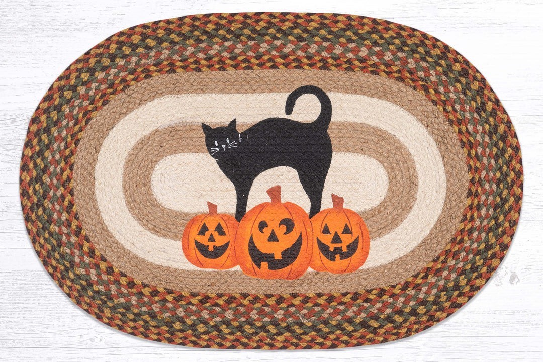 Jack-O-Lantern Pumpkins & Black Cat Braided Jute Rug, 20″x30″, Fall, Earth Rugs