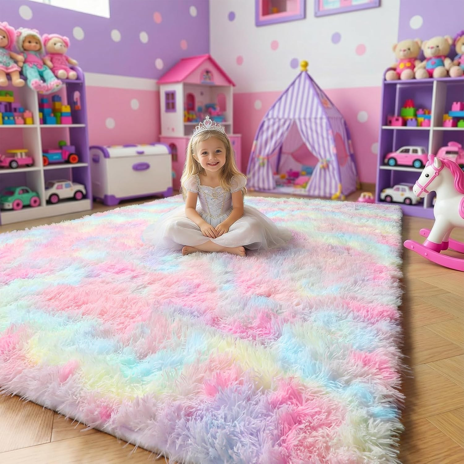 Rainbow Pastel Kids Rugs for Toddler Girls Bedroom, Cute Unicorn Room Decor, Flu
