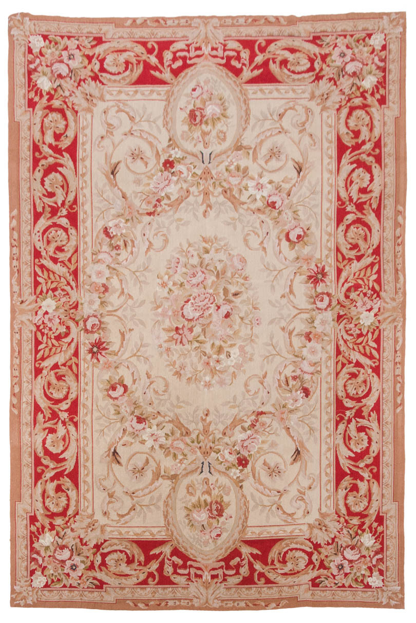 RRA 6×9 Fine Needlepoint French Aubusson Design Beige & Red Rug 14178