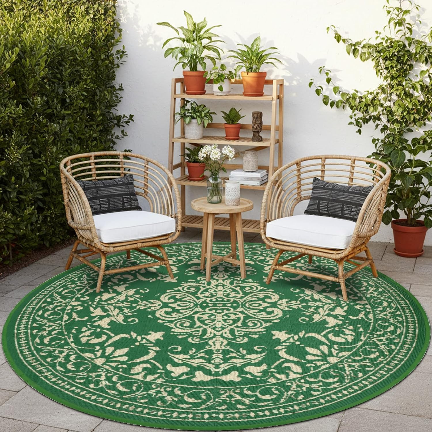 Vintage Waterproof round Outdoor Rug 8 Ft, Portable Reversible Plastic Straw Cir