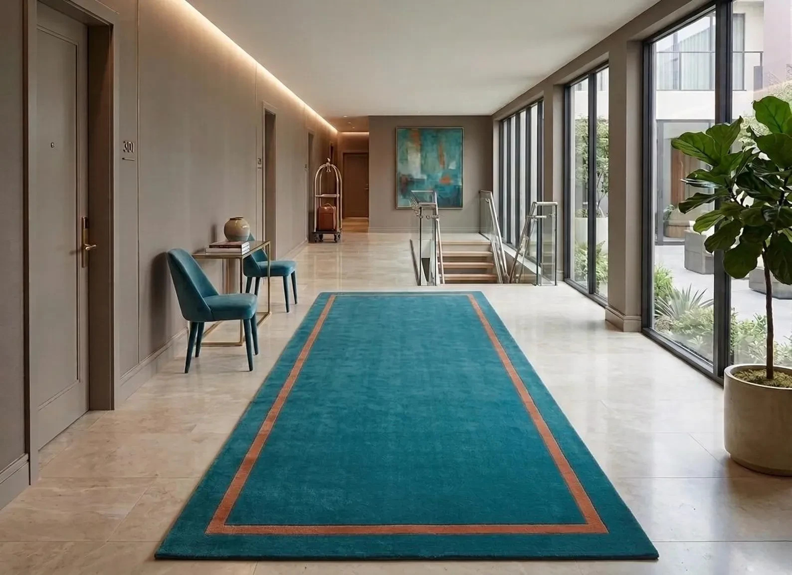 Hand Tufted Custom Wool Runner Rug | Minimalist Teal Blue Hallway Rug |