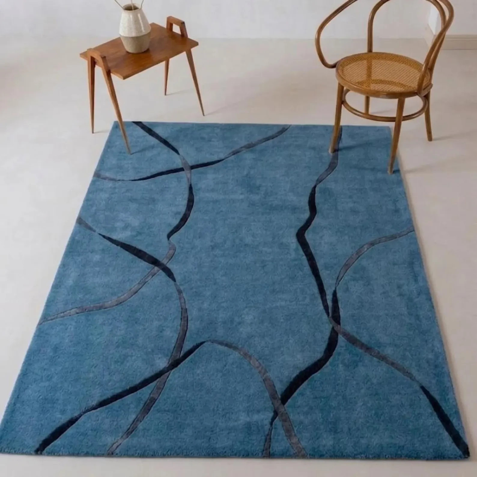 Modern Blue Abstract Rug – Hand Tufted Wool Area Rug, Minimalist Organic Line