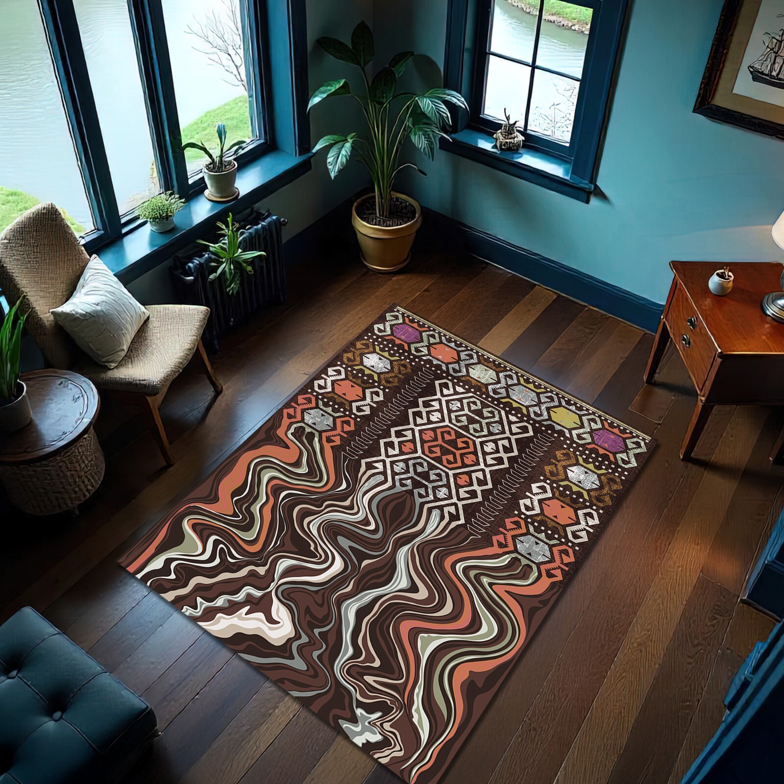 Brown Tribal Ethnic Symbol Rug Melting Design Boho Carpet