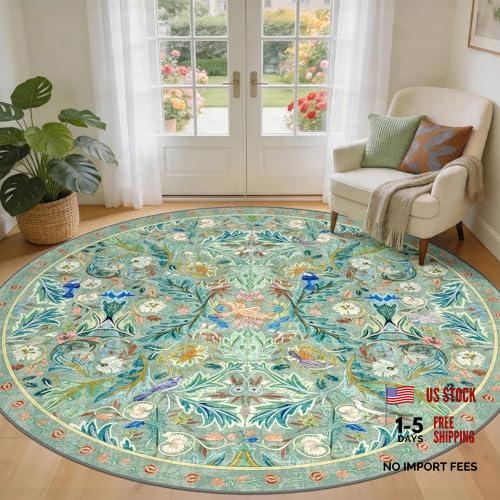 Boho Washable Round Bird Rug 8ft for Living Room, Soft Non-Slip Large Indoor