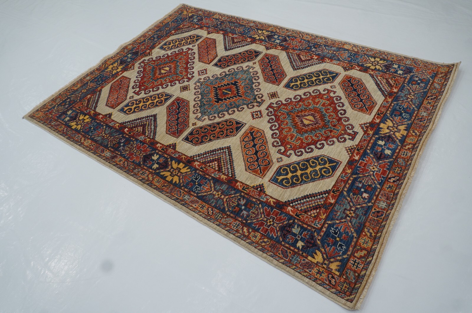 5×7 ft Beige Kazak Afghan Hand Knotted Wool Geometric Rug