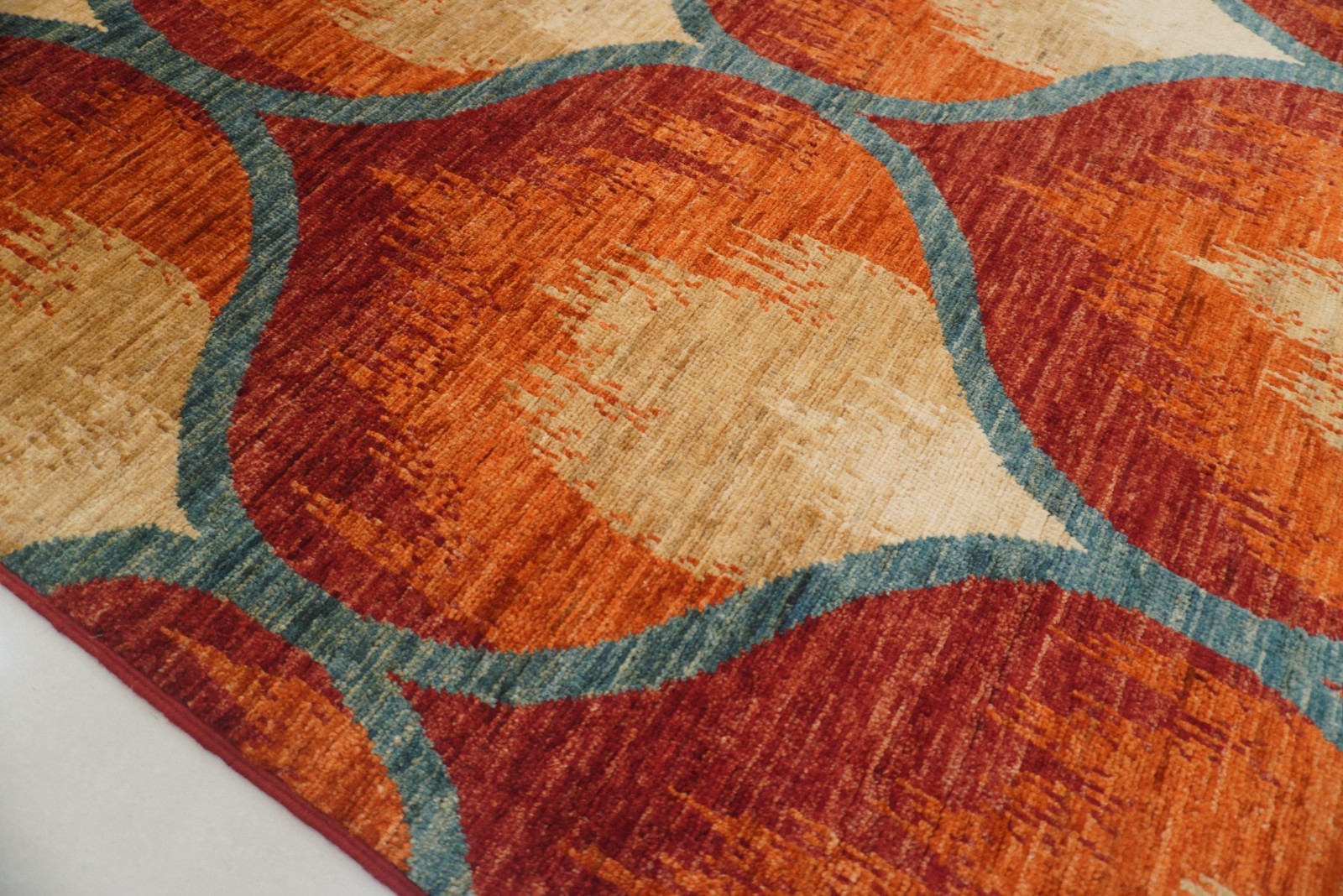 9×12 Rust Orange Ikat Afghan Hand Knotted Wool Area Rug