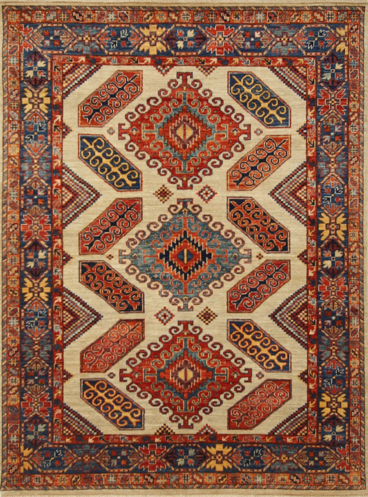 5×7 ft Beige Kazak Afghan Hand Knotted Wool Geometric Rug