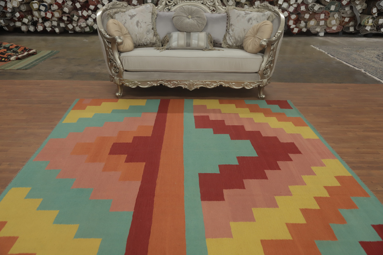 Colorful Geometric Kilim Square Area Rug 8×8 Flat-weave Oriental Wool Carpet