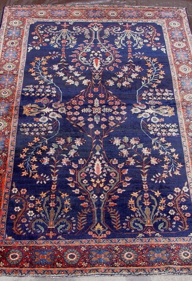4’3″x6’6″ Antique 1900s Saroukk Blue Hand Knotted Wool Oriental Rug