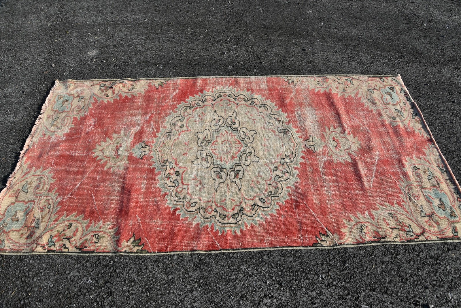 Vintage Turkish Rug 4,1×7,8 ft, Red Area Floral Wool Rug