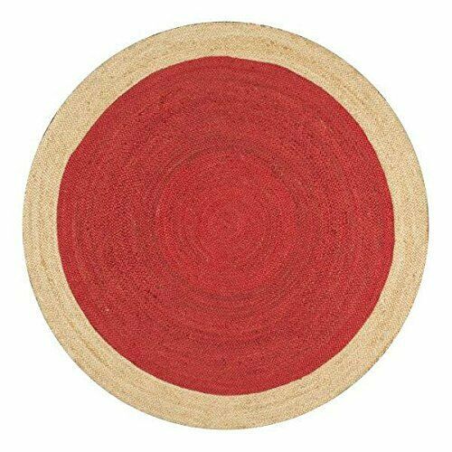 Rug Jute Red Round 100% Farmhouse Natural Jute Hand Braided Modern Rustic Look