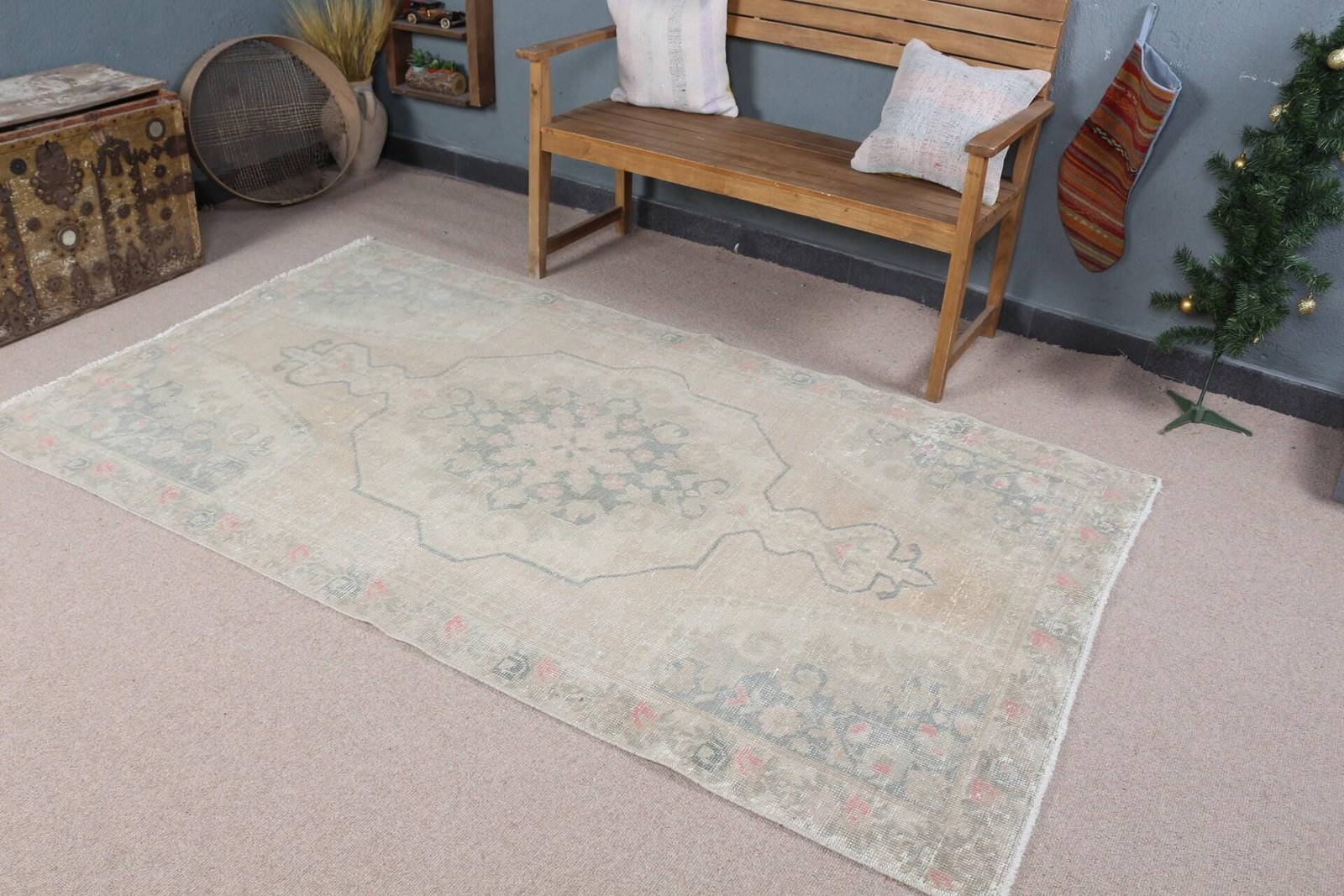 4,4×7,5 ft Rug, Turkish Vintage Rug, Gray Polka dot Wool Rug
