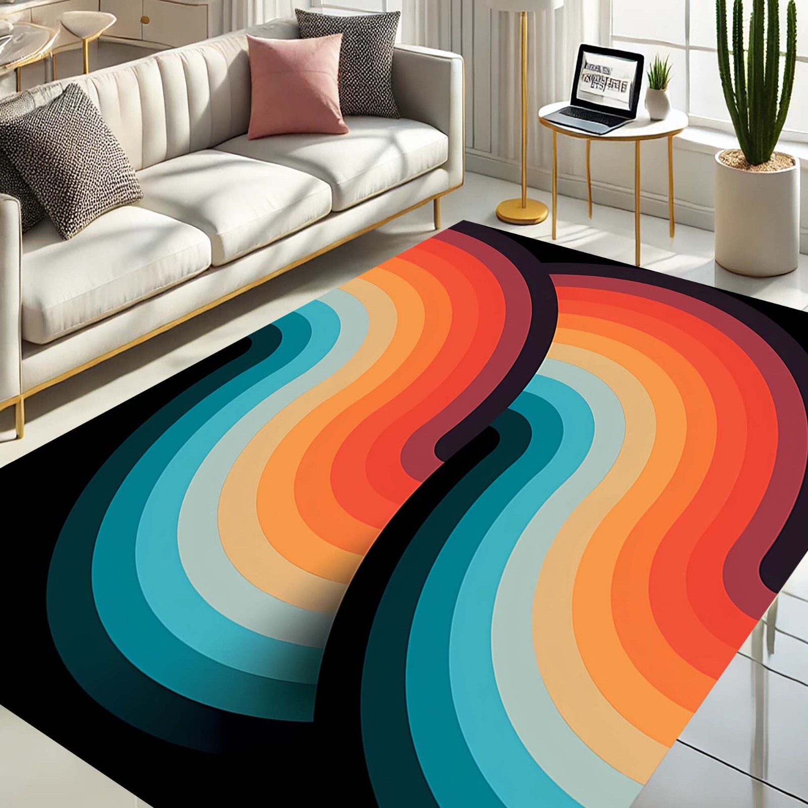 Retro Wave Rug, Vintage Color Mat, Modern Art Carpet, Colorful Room Rug