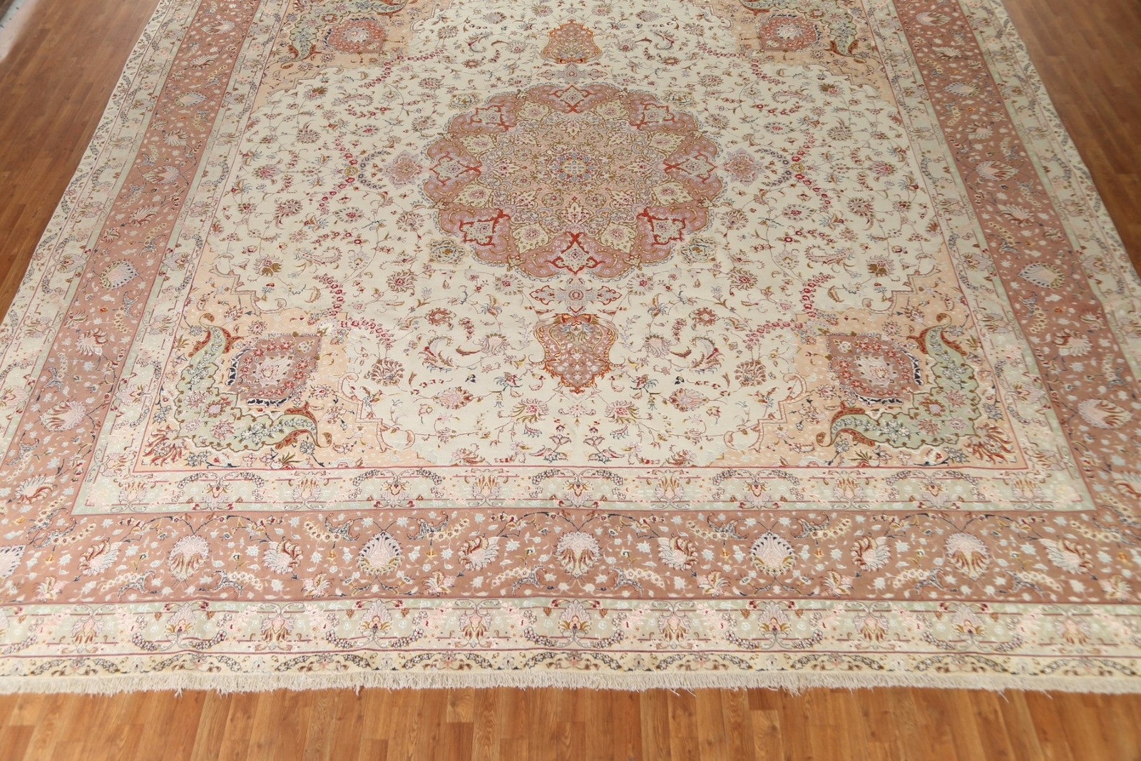 Masterpiece Wool/ Silk Tebriz 16×16 ft. Large Square Rug 400 Knots Vegetable Dye