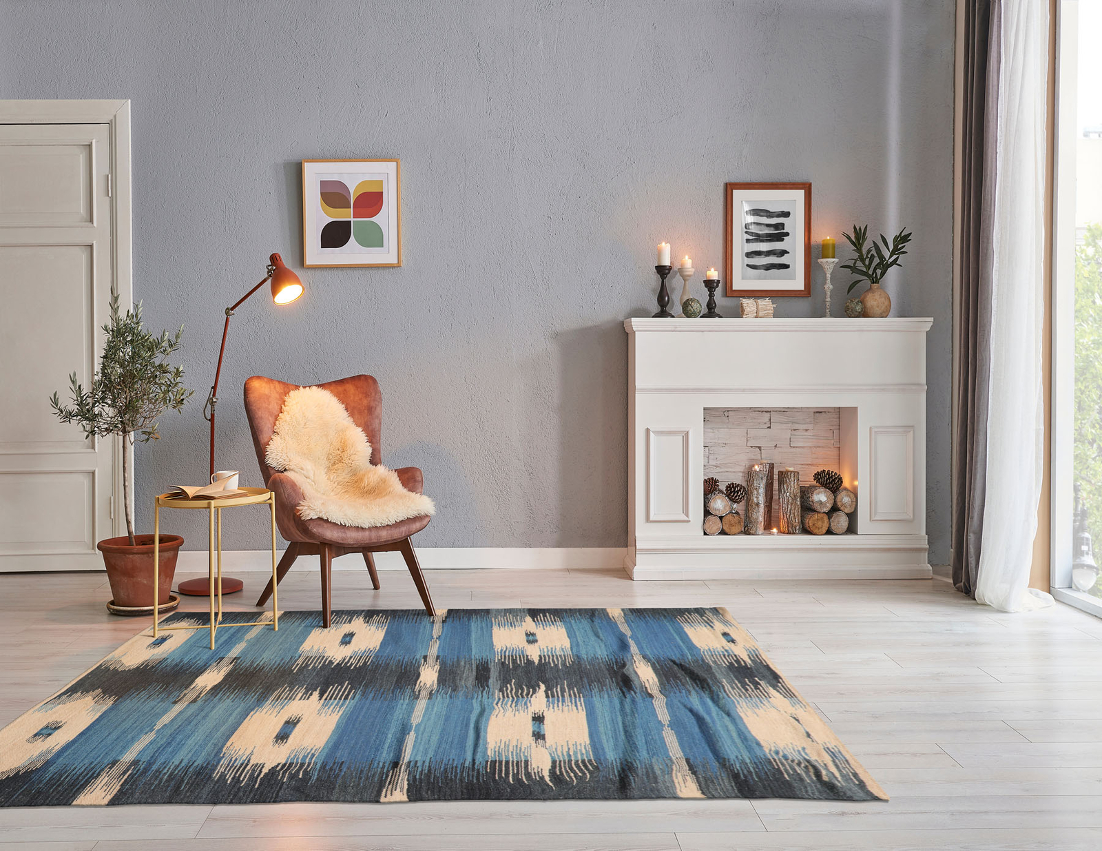LoomBloom 5’3″ x 7’7″ Beige Hand Woven Modern Ikat Flat Weave 100% Wool Area Rug