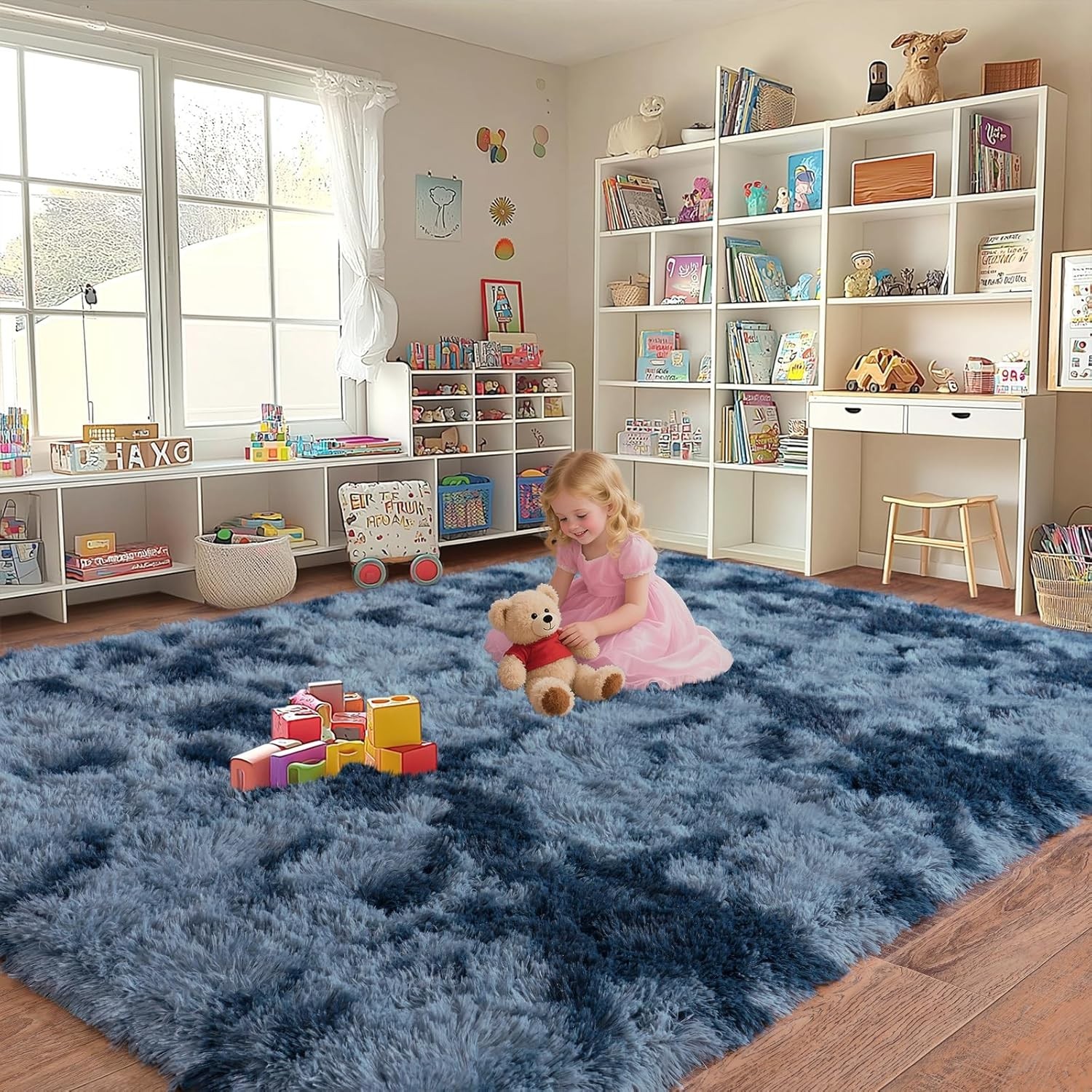 Fluffy Area Rugs 8×10 Tie-dye Blue Gray Carpet Mat for Living Room Bedroom Floor