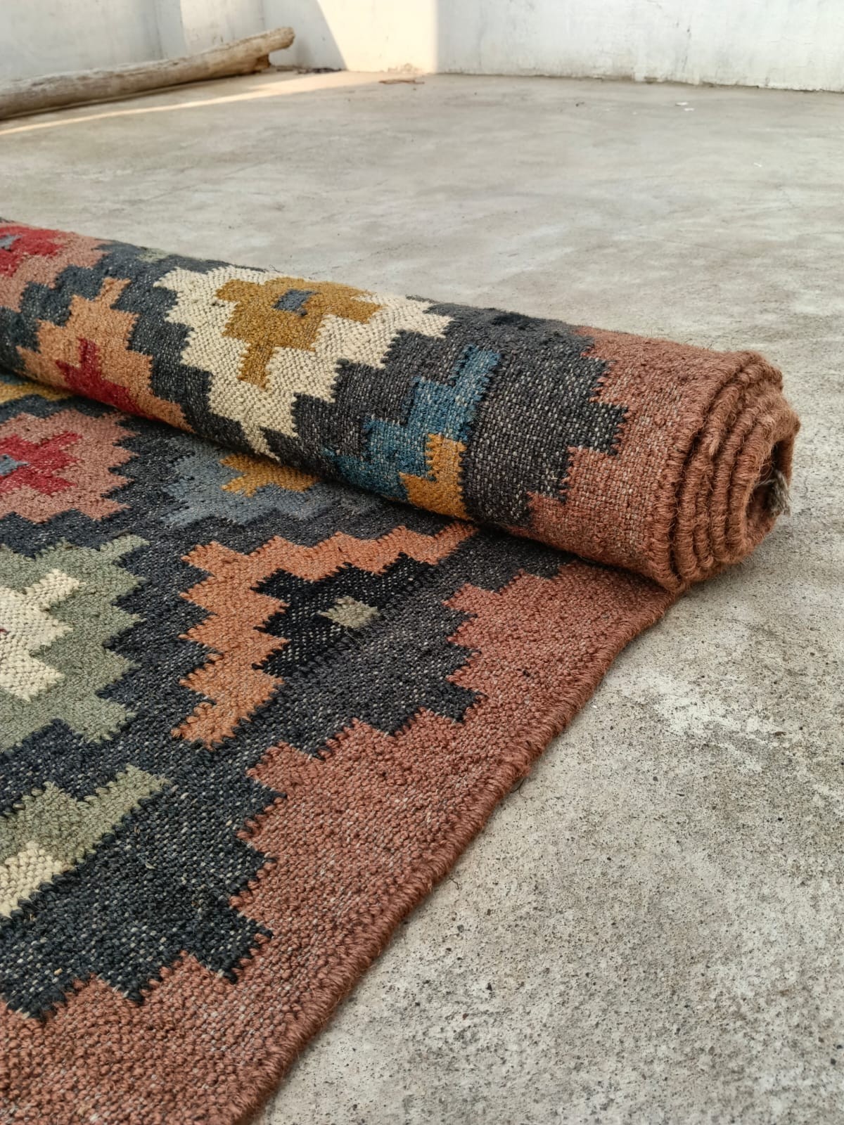 Handwoven Wool Jute Kilim Rug – Boho Area Rug, Rustic Living Room Carpet, Natura