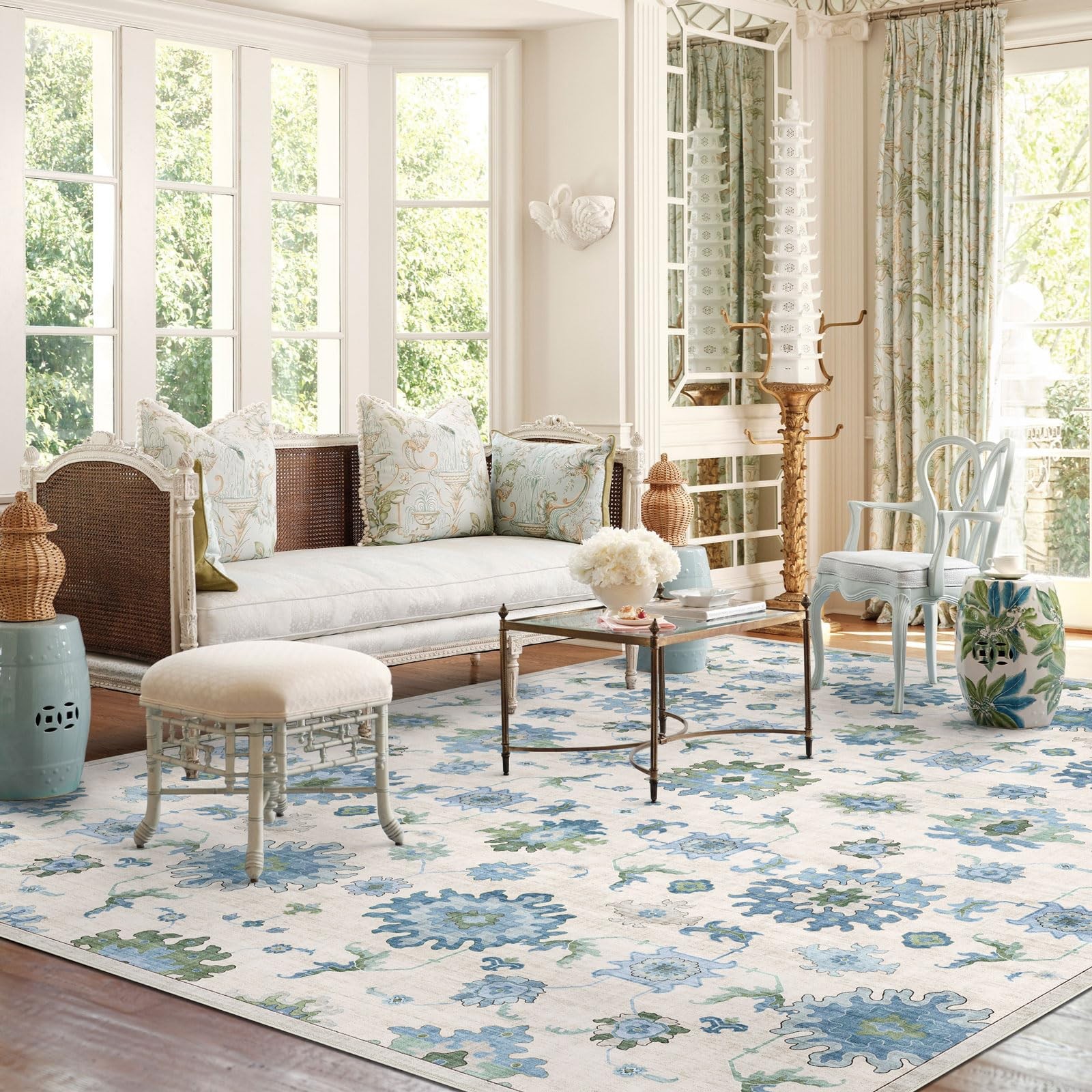 Blissa 8X10 Living Room Rug – Sage Green Oriental Oushak Print Rugs For