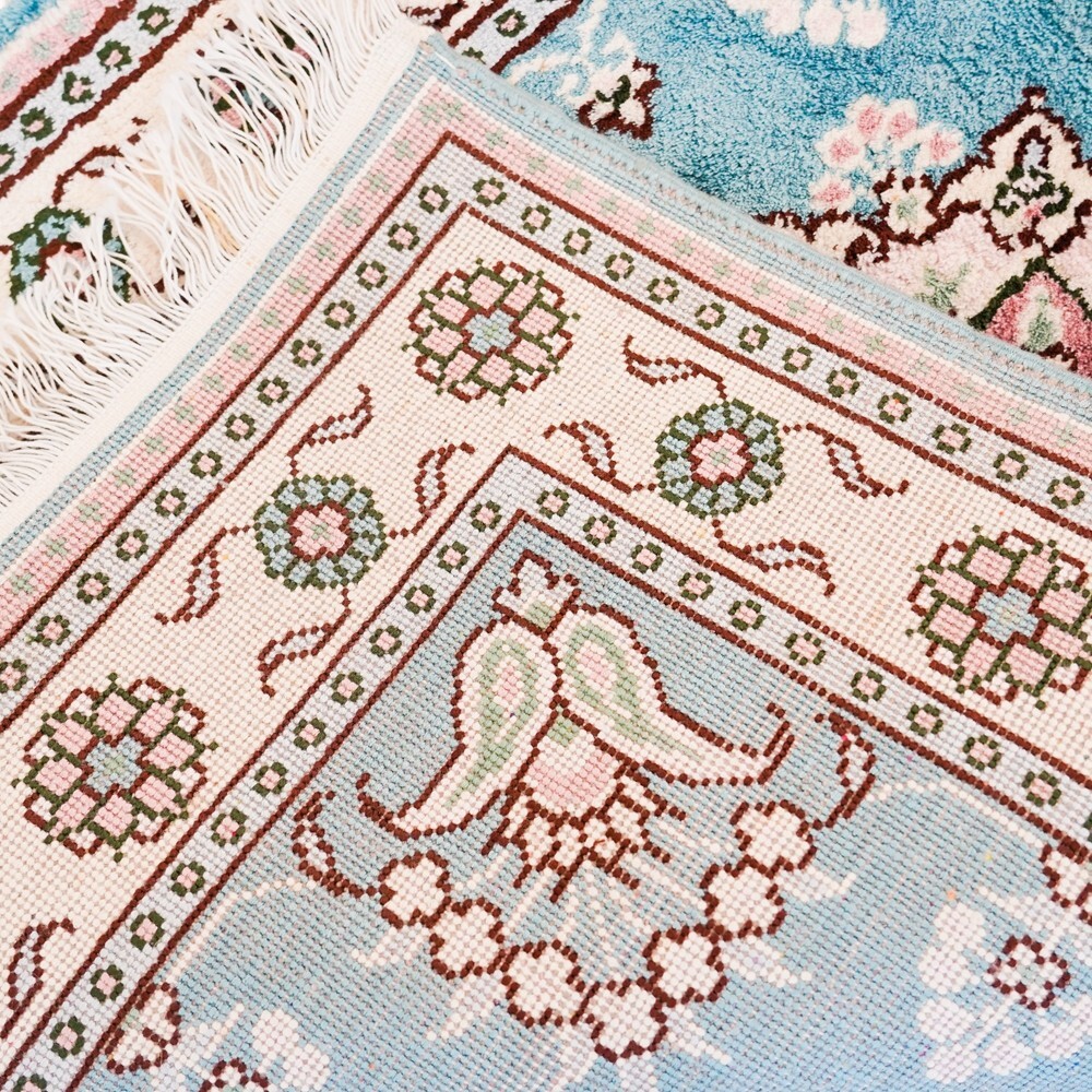 2x3ft Handmade Silk Carpet Small Blue Handcraft Bedroom Area Rug LZL316C