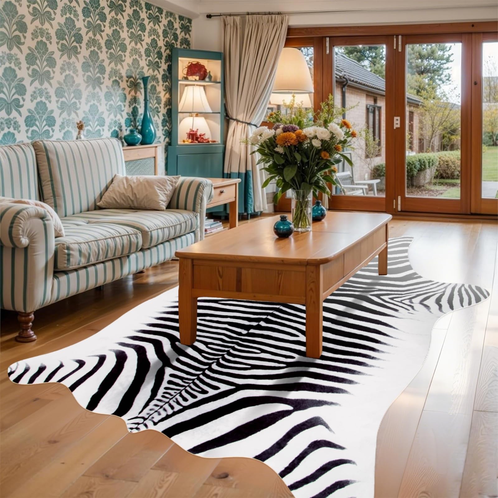 Zebra Rug Faux Cowhide Rug‌ Non-Slip Animal Print Area Rug, No-Fur Pet-Friend…