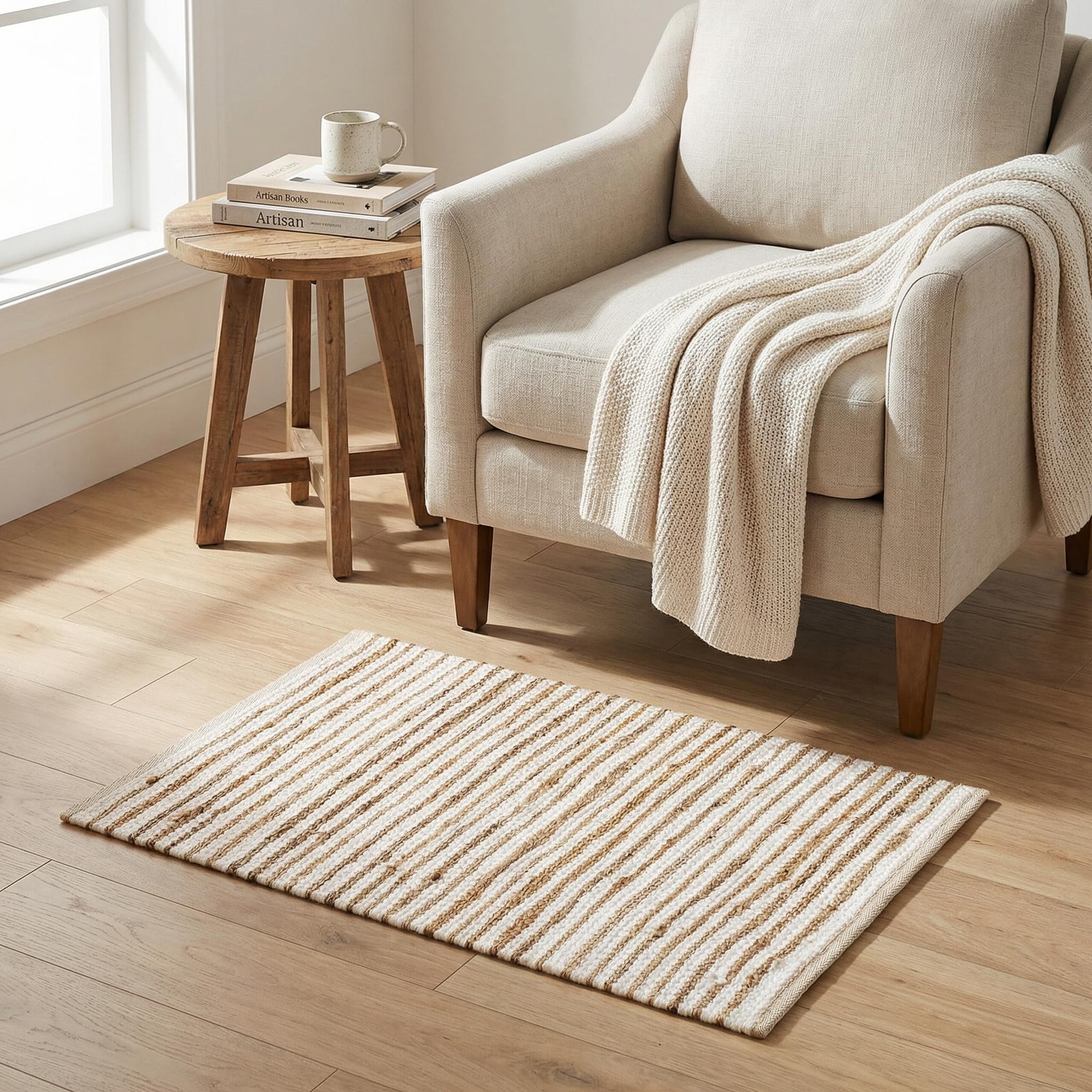 Jute Cotton Hand Woven Area Rug 2×3 Feet – Natural White, Small Farmhouse Rev…