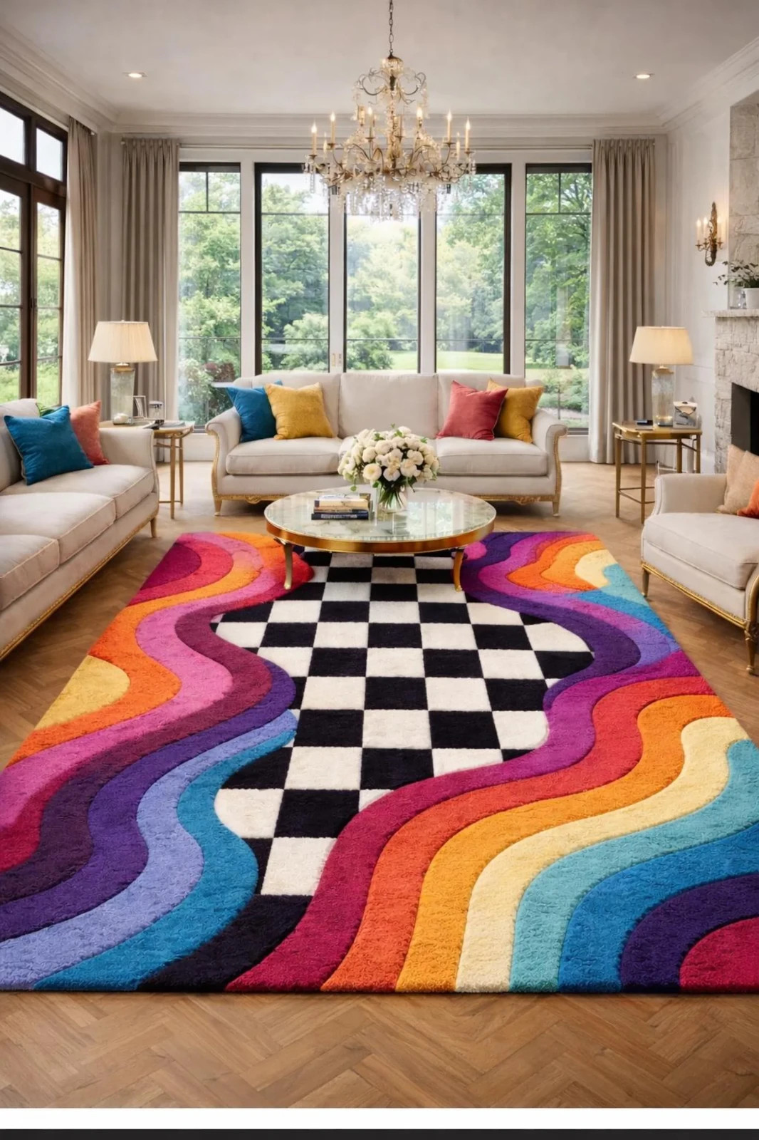 Hand Tufted Wool Checkerboard Rainbow Wave Rug, Abstract Modern Carpet Rug