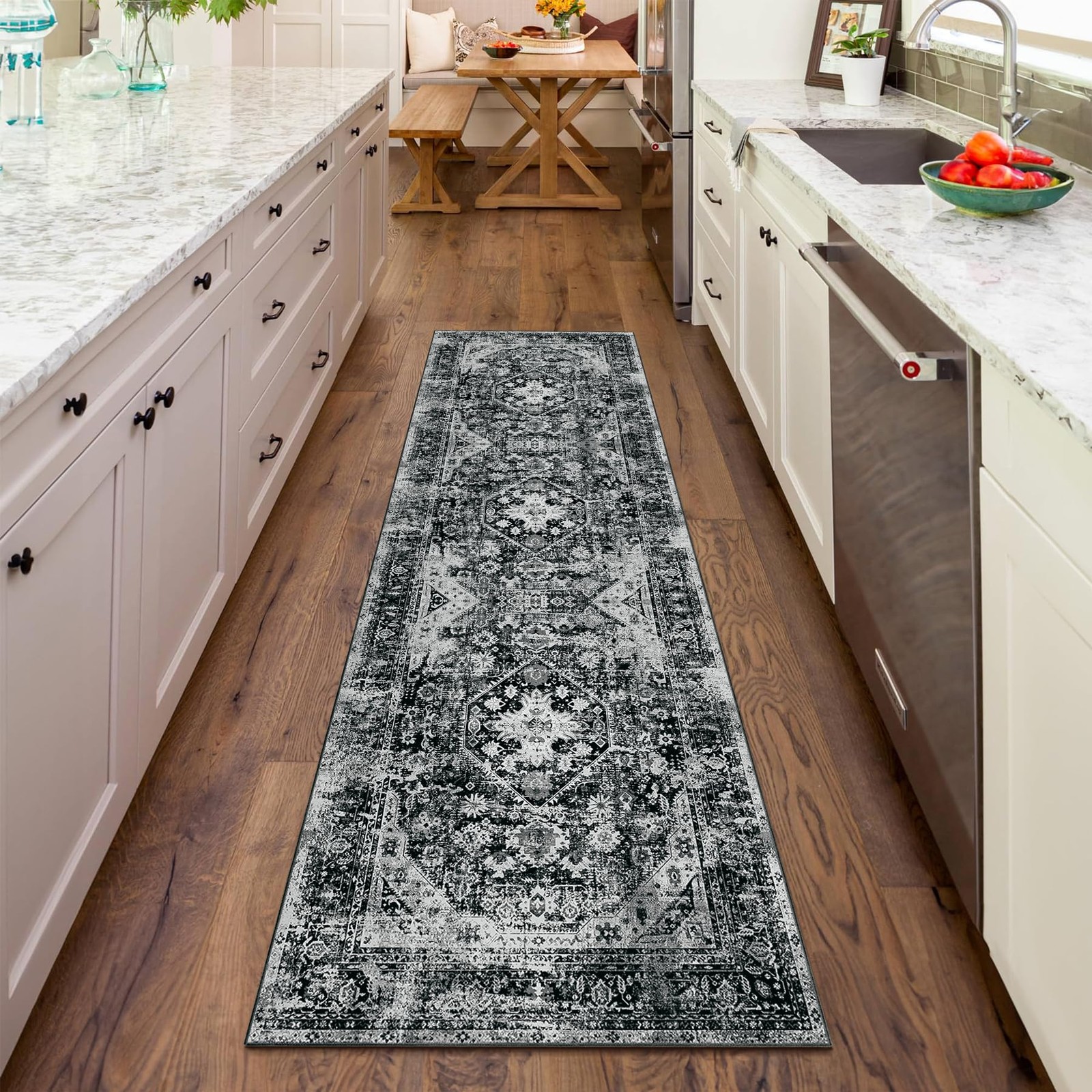 Black Washable 2×8 Runner Rug Long Area Rugs Low Pile Non Slip Floral
