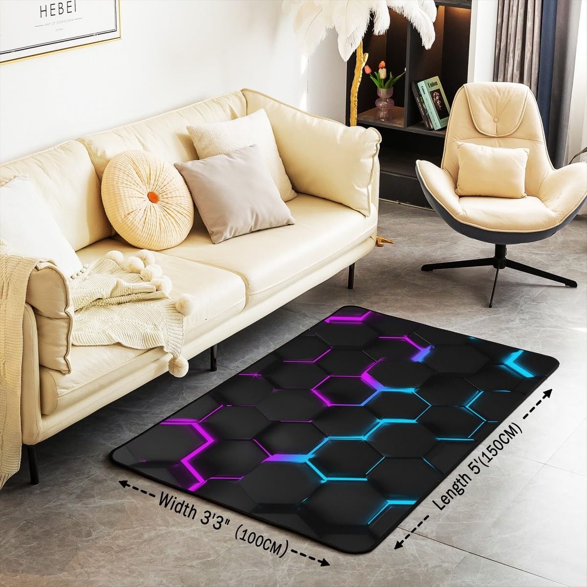 Homewish 3D Abstract Hexagon Area Rug 5X66 Blue Pink Neon Light Geometric