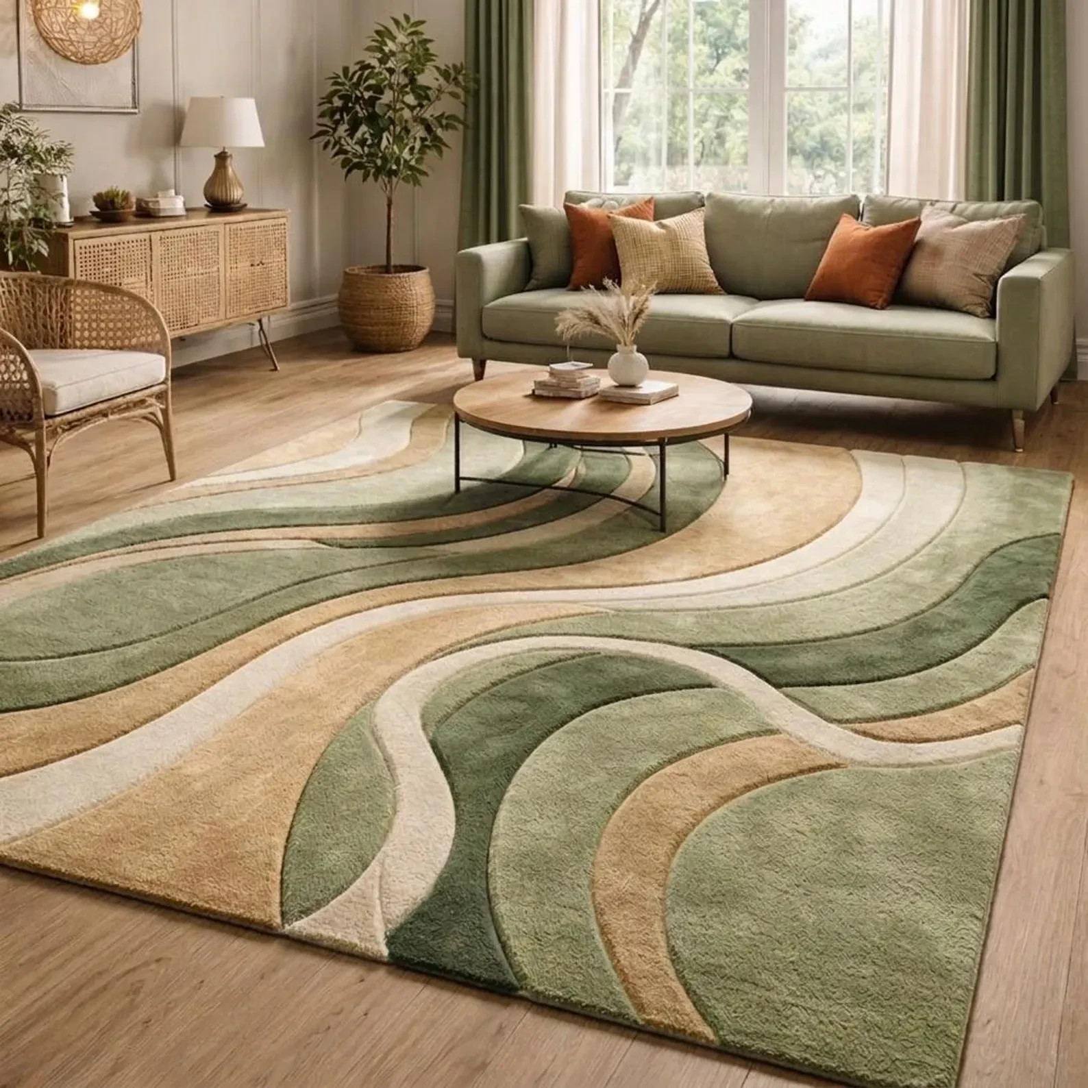 Hand Tufted Wavy Abstract Rug, 3D Sculpted, Sage Green Beige Wool, Handmade