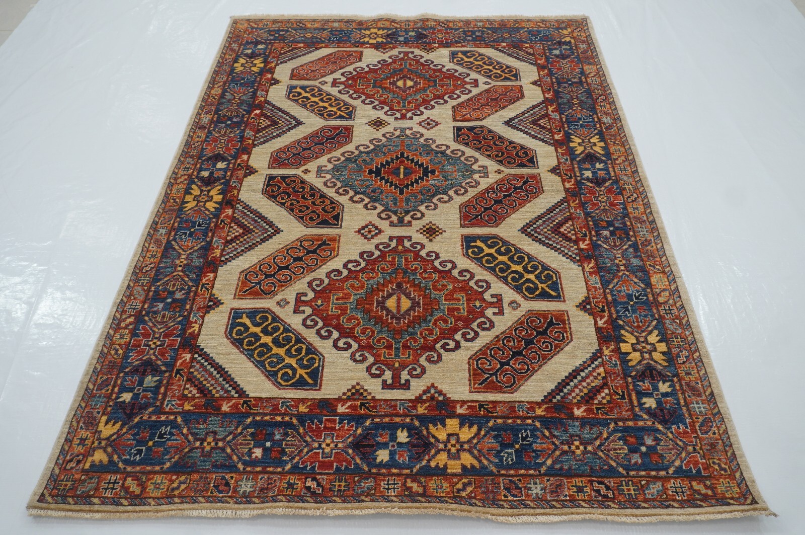 5×7 ft Beige Kazak Afghan Hand Knotted Wool Geometric Rug