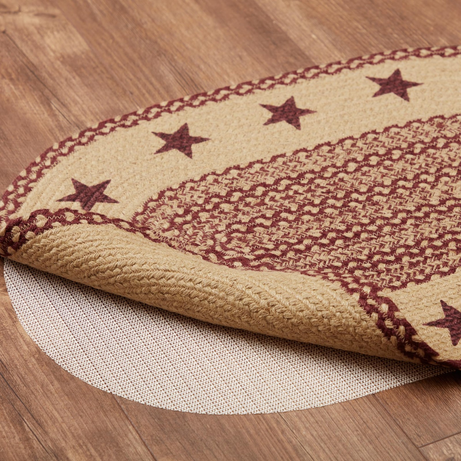 Vhc Brands Burgundy Tan Jute Rug Oval Stencil Stars W/Pad 20X30 69693