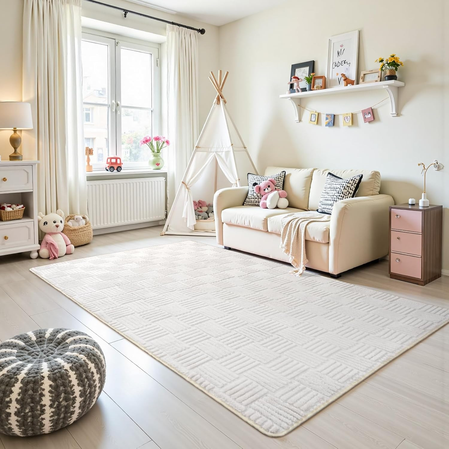 Modern Shag Area Rug, 4 X 6 Feet Cream White Washable Rug for Living Room Bedroo