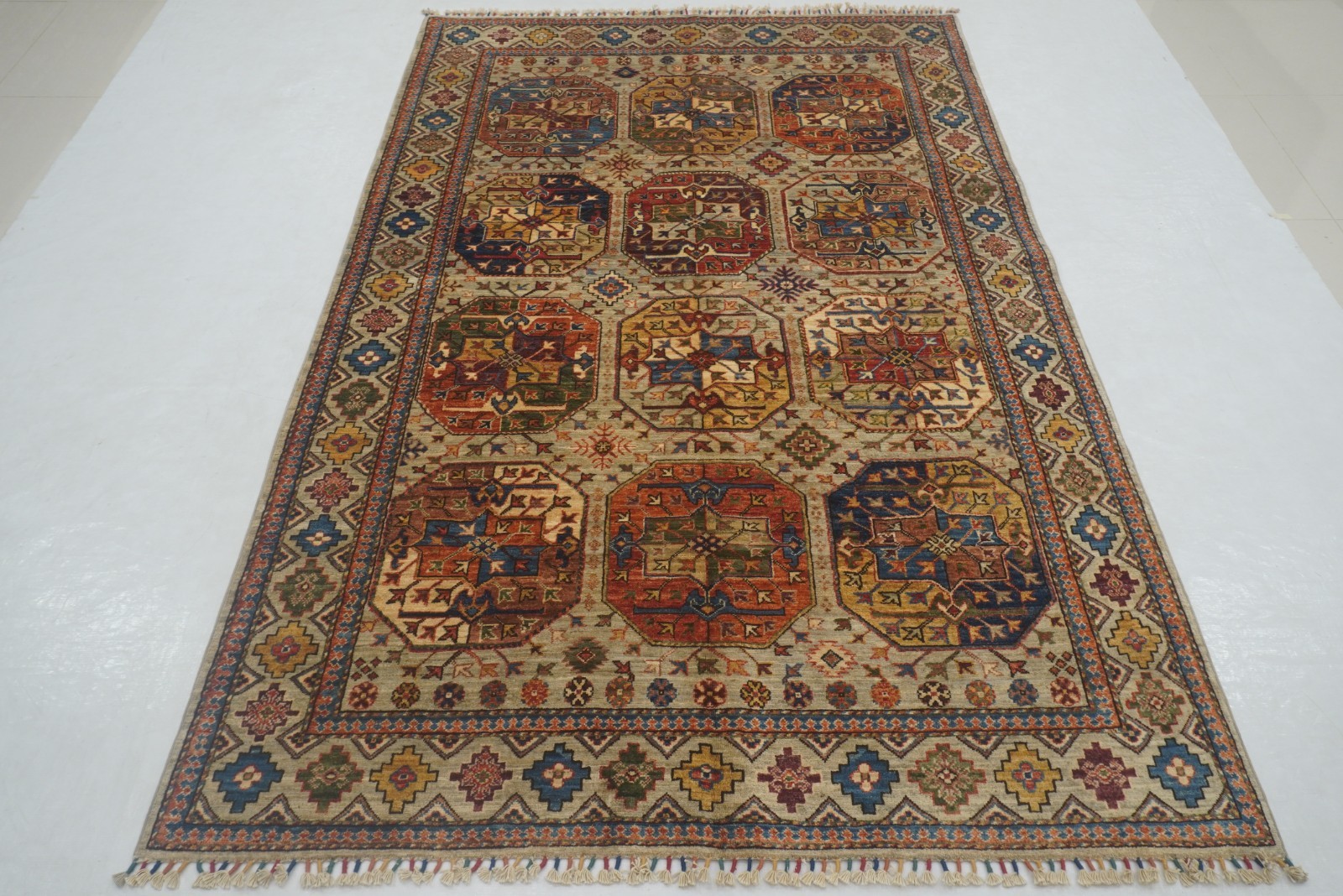 6×9 ft Taupe Gray Ersari Afghan Hand Knotted Wool Geometric Rug