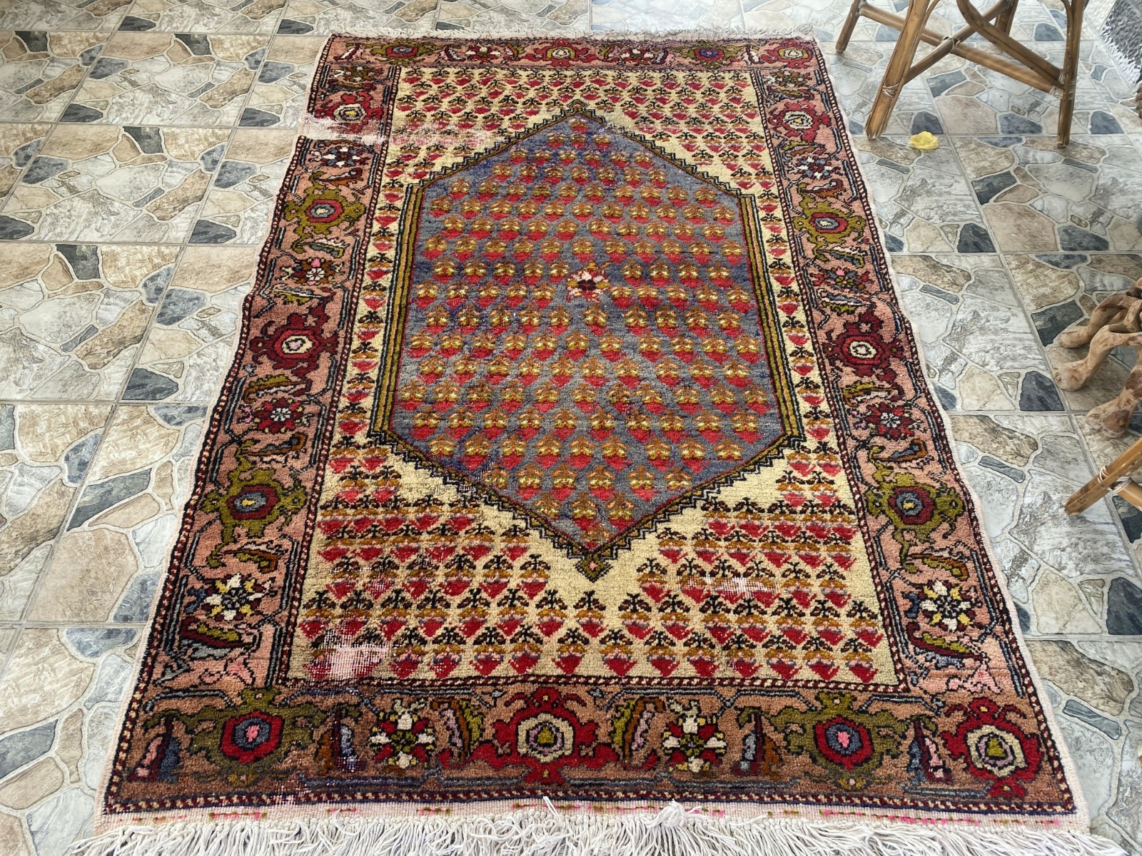 1960s Geometric Turkish Vintage Area Tribal Handmade Anatolian Rug 4.5×6.8 ft