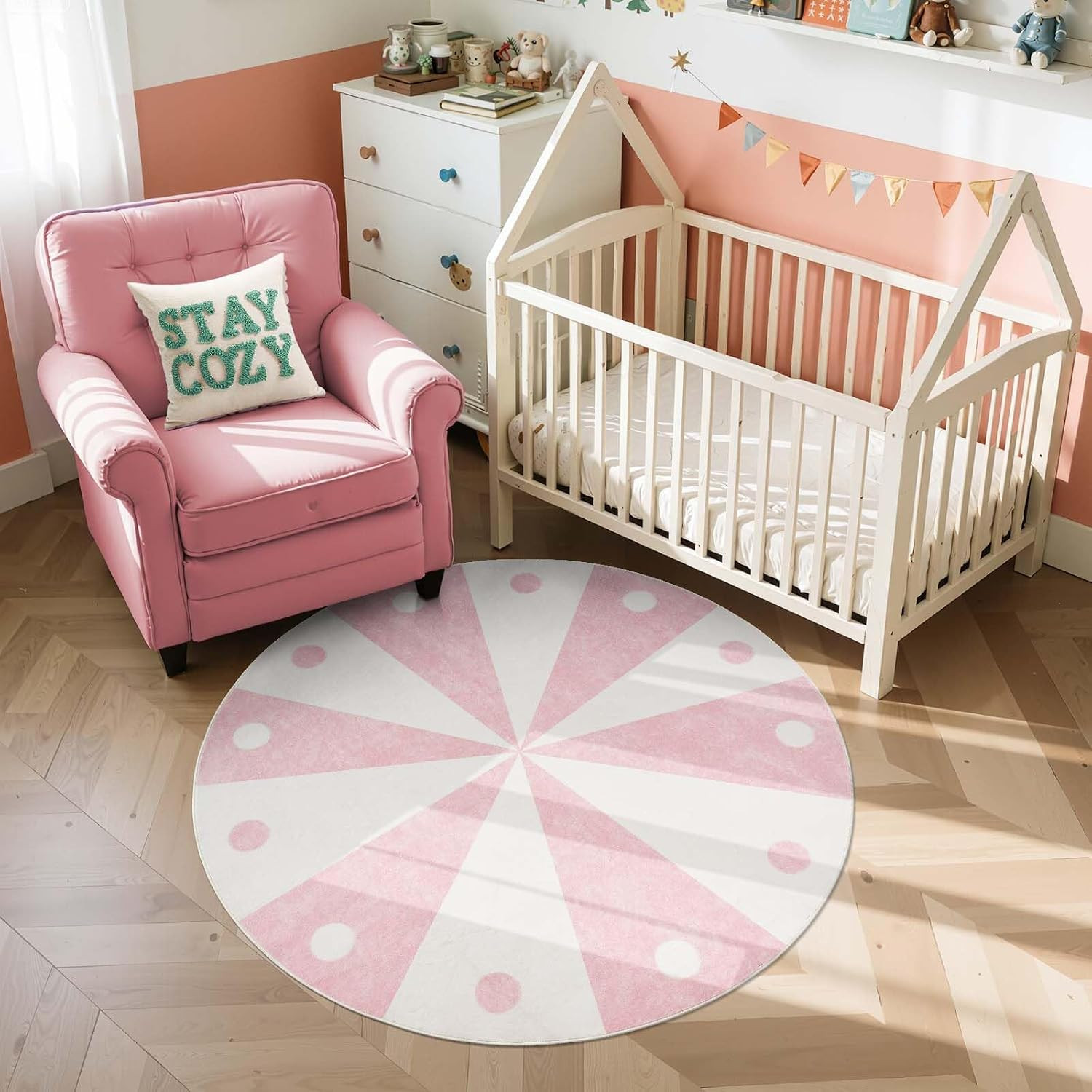 jinchan 5ft Round Rug Light Pink Washable Fun Cute Playroom Mat Non Slip Cheerfu