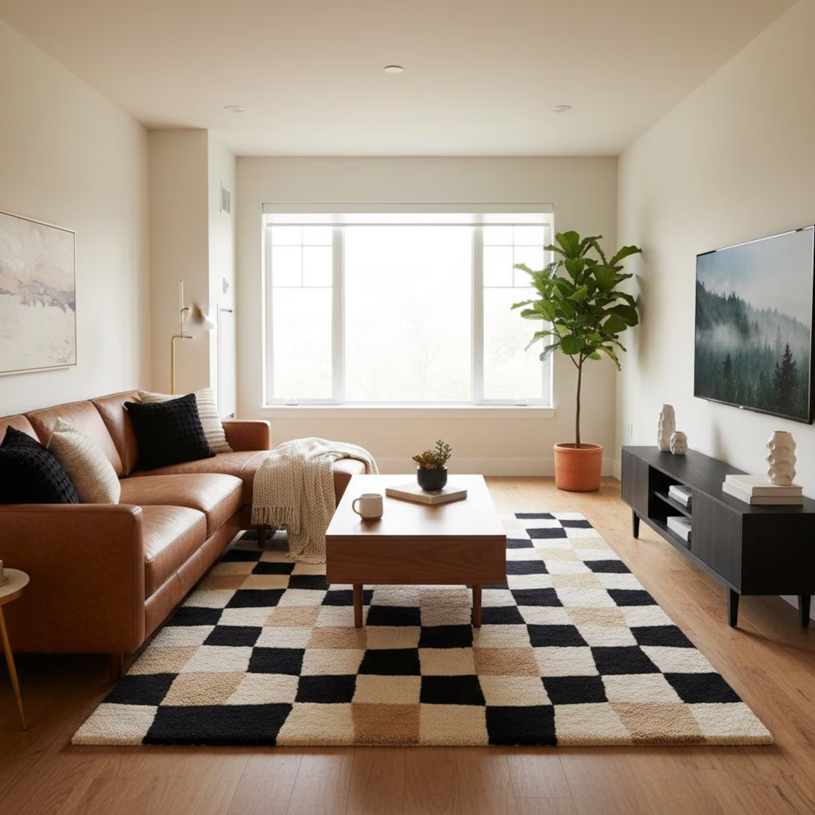 Irregular Checkered Area Carpet | Modern Beige & Black Squares Mat | Hand Tufted